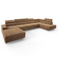 WOHNLANDSCHAFT GAIAN Beige Velours-Stoff mit Schlaffunktion - Beige, Holz (412/88/190cm) - MASSENO