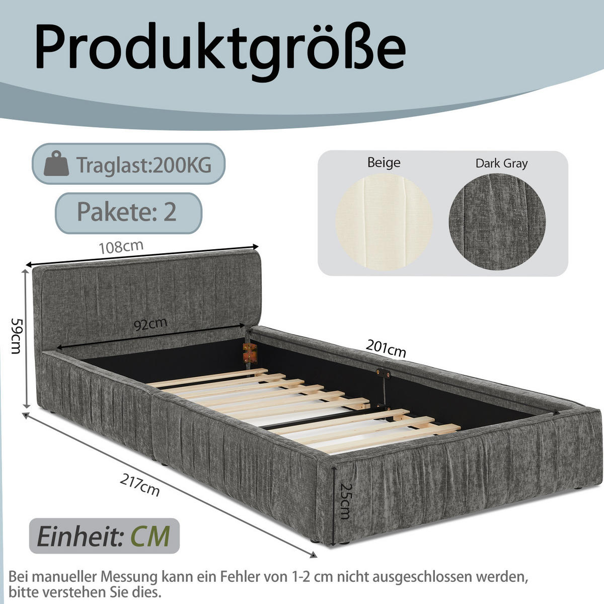 EINZELBETT 90x200 cm Chenille Holzrahmen grau - Dunkelgrau, Kunststoff (90/200cm) - LEBENLANG