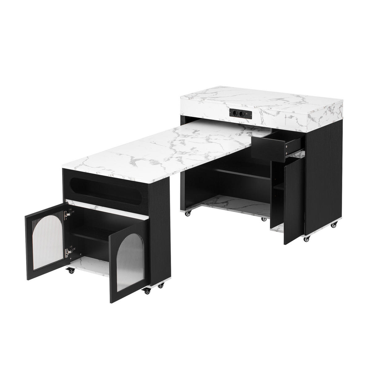 KUHINJSKI otok 50,5/187,5/110,5/95,5 cm crni od MDF-a i PB-a s izvlačnom pločom i utičnicama - crna, drvni materijal (110.5/95.5/50.5cm) - OKWISH