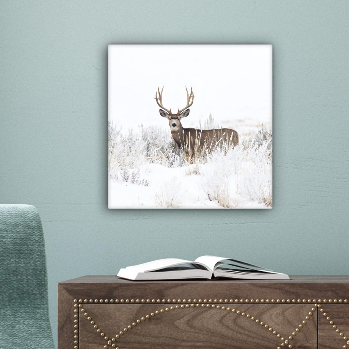 LEINWANDBILD Hirsche - Winter - Schnee - Tiere - Jahreszeiten - Weiß 20x20 cm - Hellbraun, Textil (20/20cm) - MuchoWow