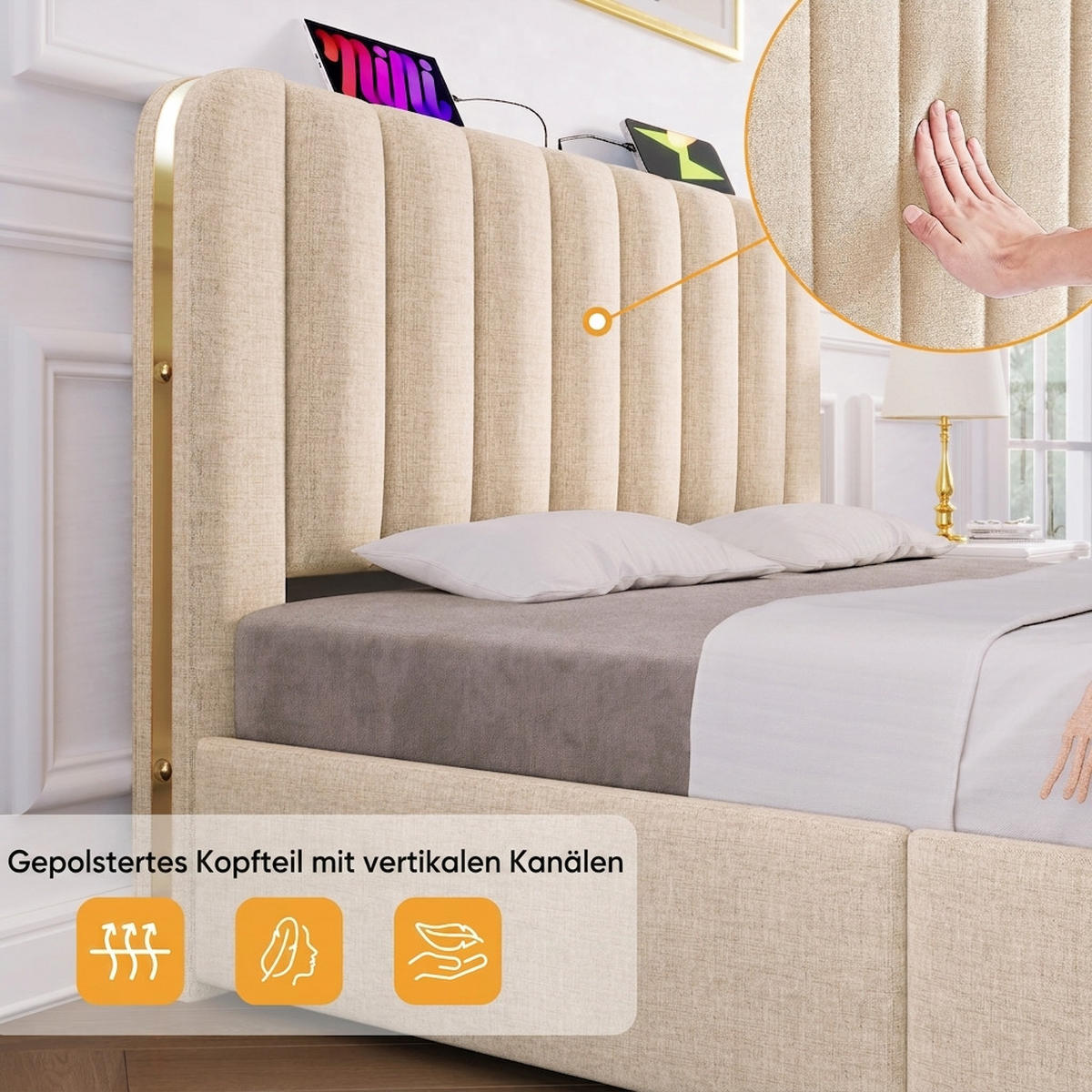 POLSTERBETT 140/190 cm Beige mit 4 Schubladen und USB Typ-C Ladefunktion - Beige, Textil (140/190cm) - Oxeza