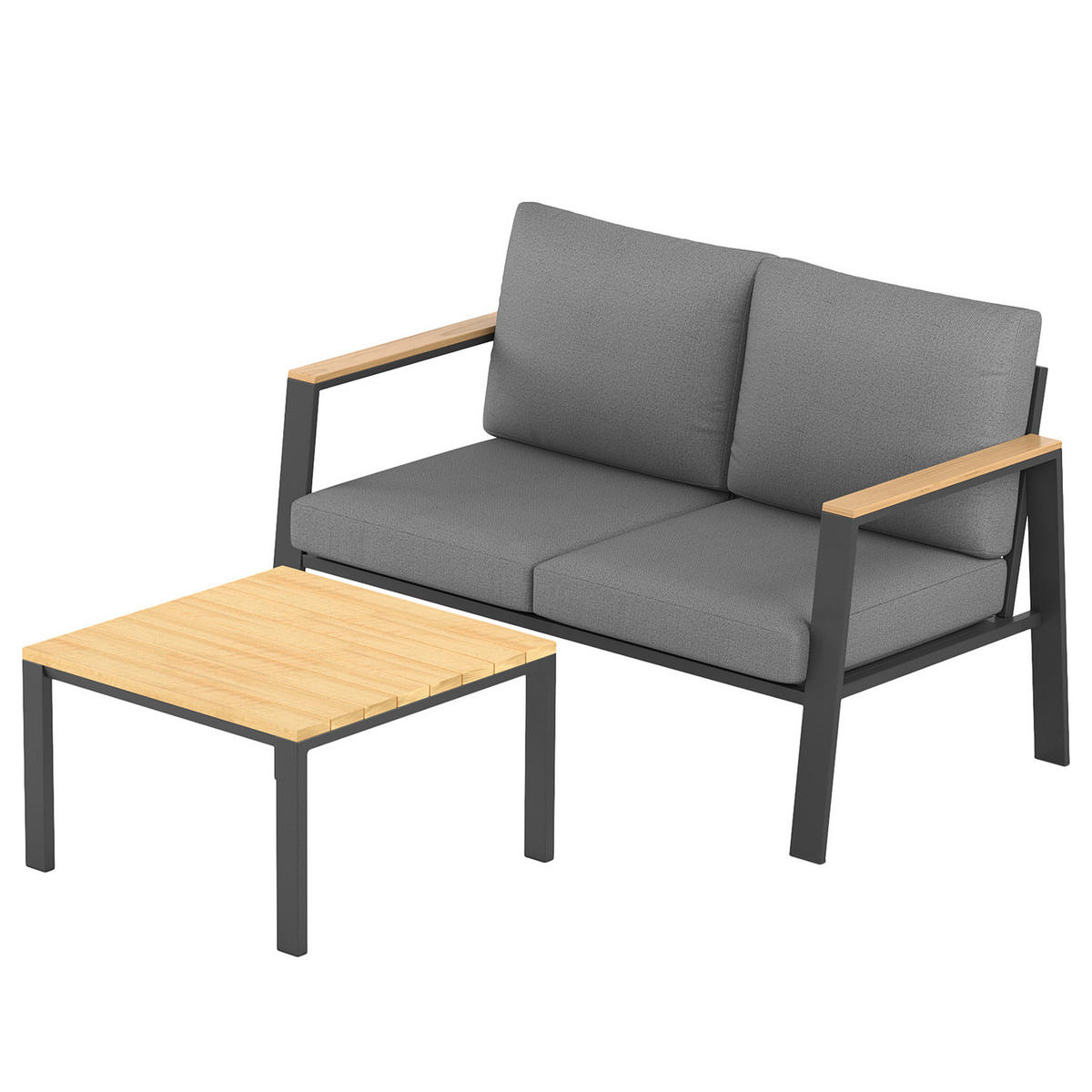 LOUNGESET - Eukalyptus massiv / Polyester - Braun / Anthrazit - 2-teilig - Braun/Grau, Holz/Textil - home24