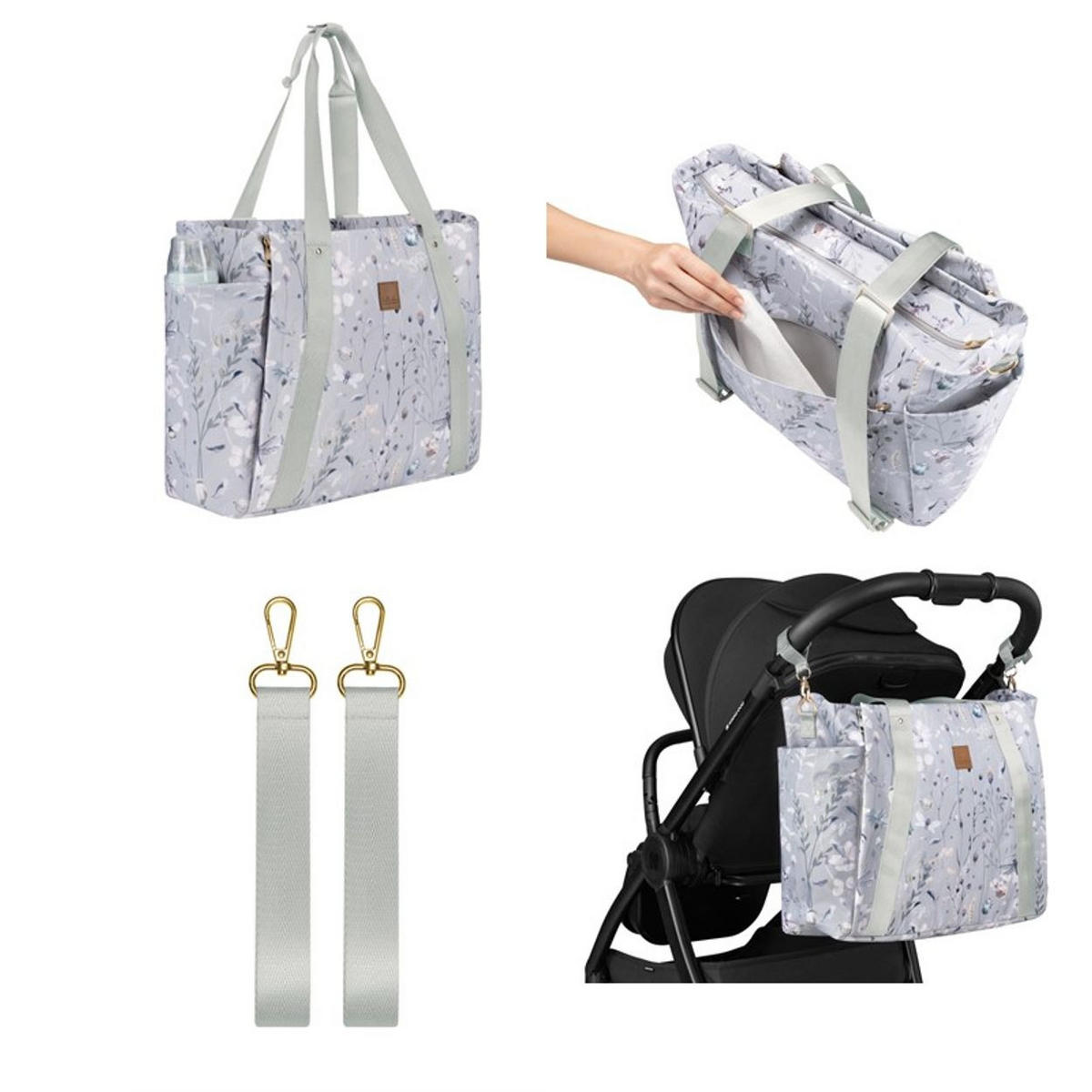 WICKELTASCHE Florence grau Wickelunterlage, Flaschentaschen, Reißverschluss, Kinderwagenclips - Grau, Textil (17/43/35cm) - Kikka boo