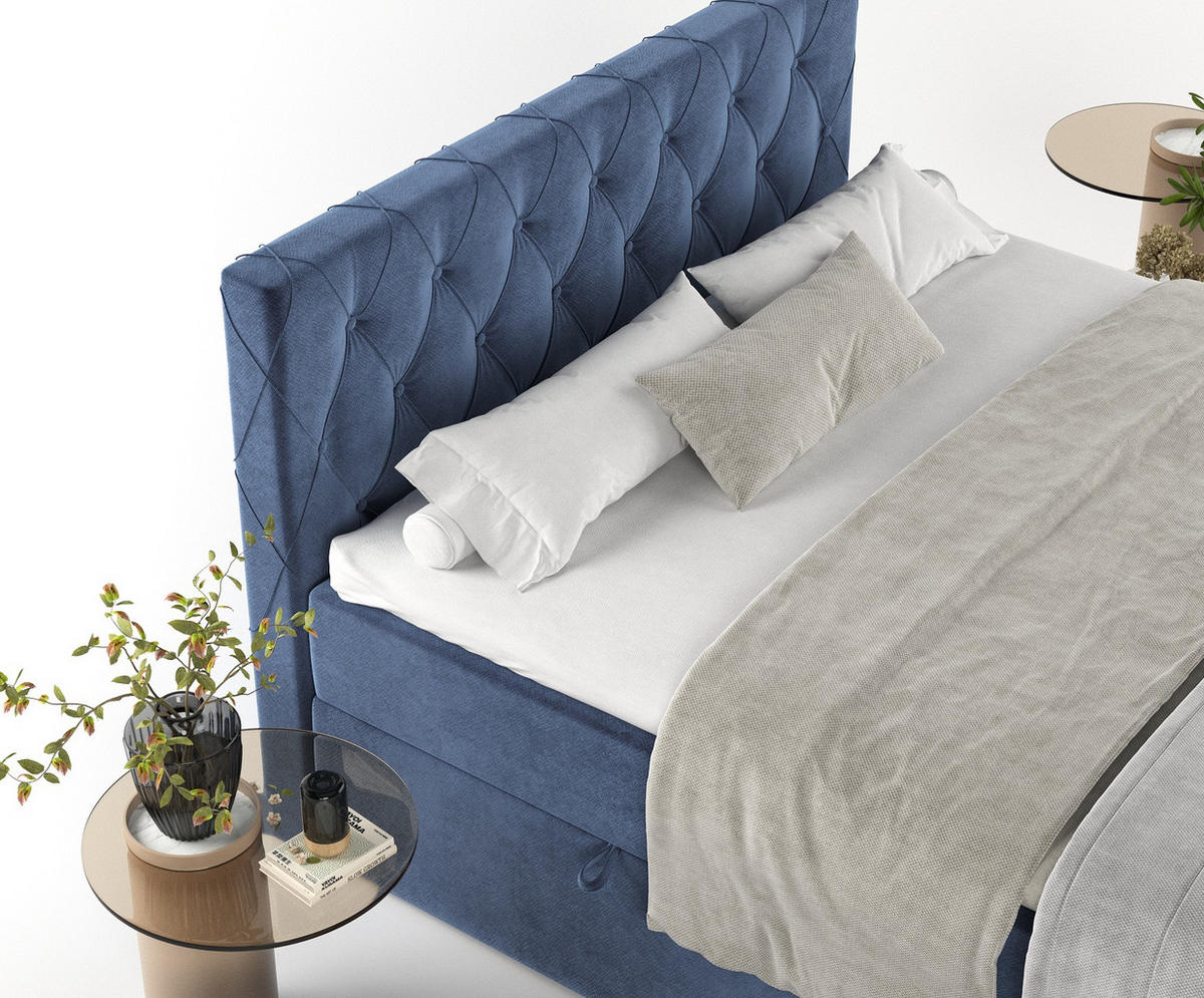 BOXBETT Signature Dunkelblau 160/200 cm im Samtstoff - Schwarz/Dunkelblau, Holz/Holzwerkstoff (160/200cm) - Maison de Reve
