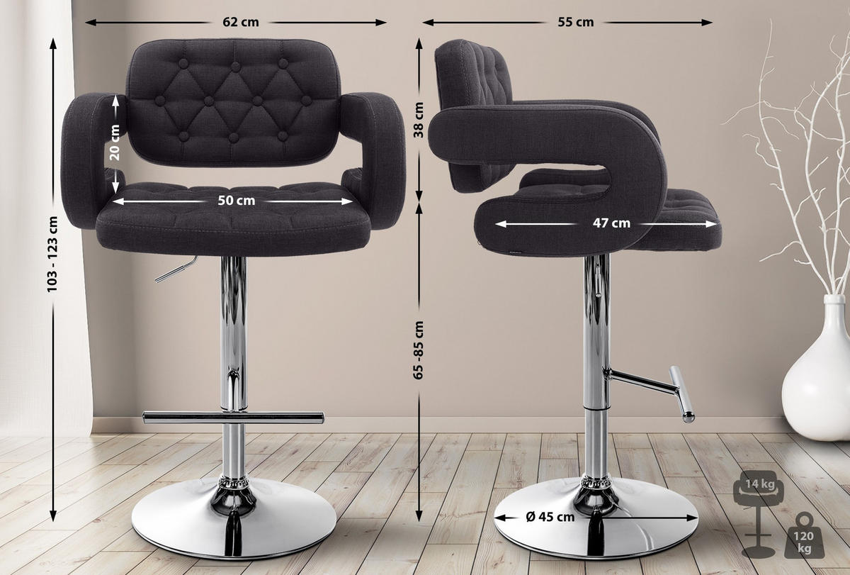 BARHOCKER 2er Set Stoff schwarz - Chromfarben/Schwarz, Textil/Metall (62/103/55cm) - CLP