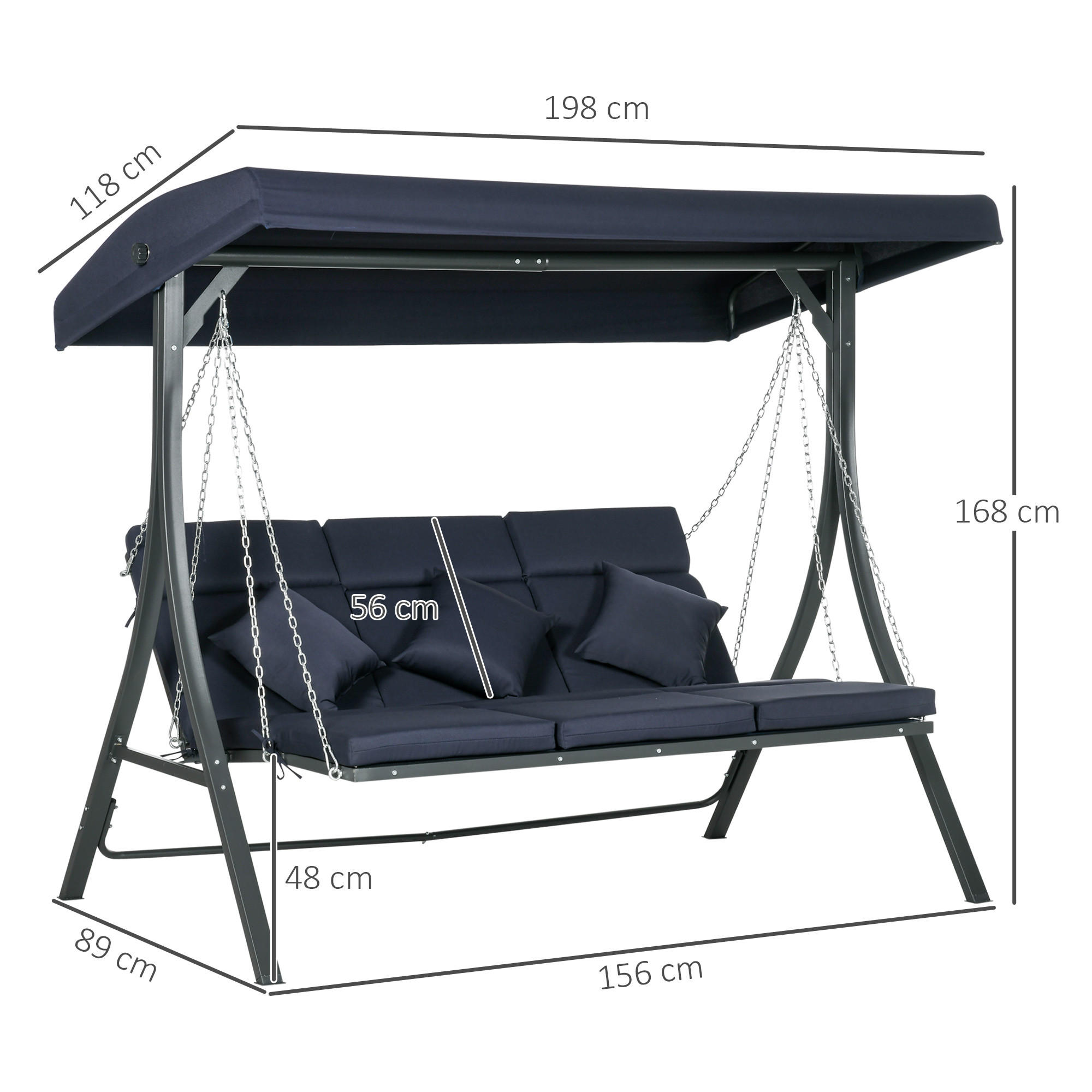 HOLLYWOODSCHAUKEL, Metall, Texteline, Dunkelblau, 198 x 118 x 168 cm - Dunkelblau, Metall (118/168/198cm) - Outsunny