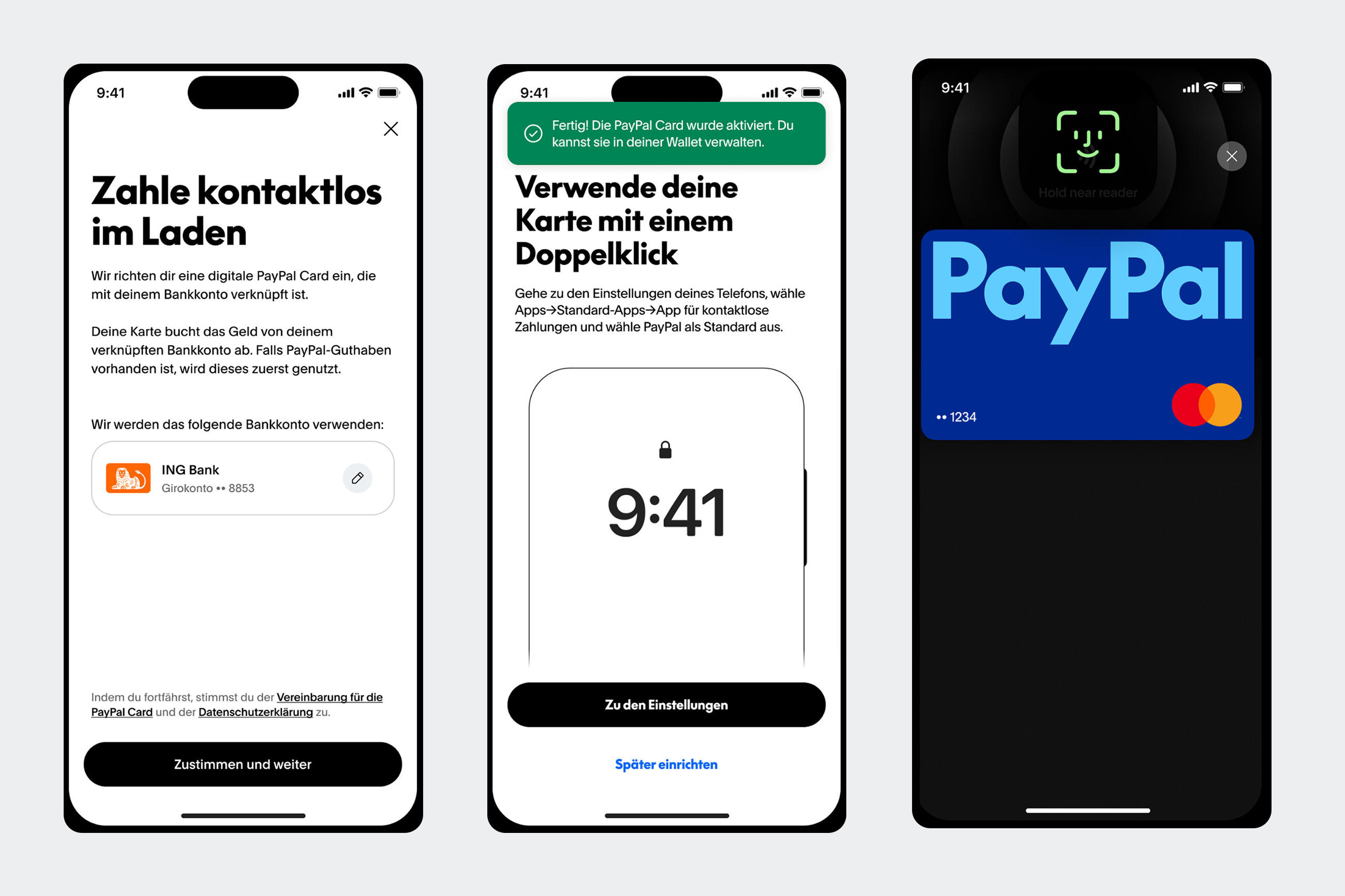 Paypal Everywhere - 3 Screenshots der Paypal App von kontaktlosem Bezahlen mit Debit Mastercard auf Ihrem Smartphone