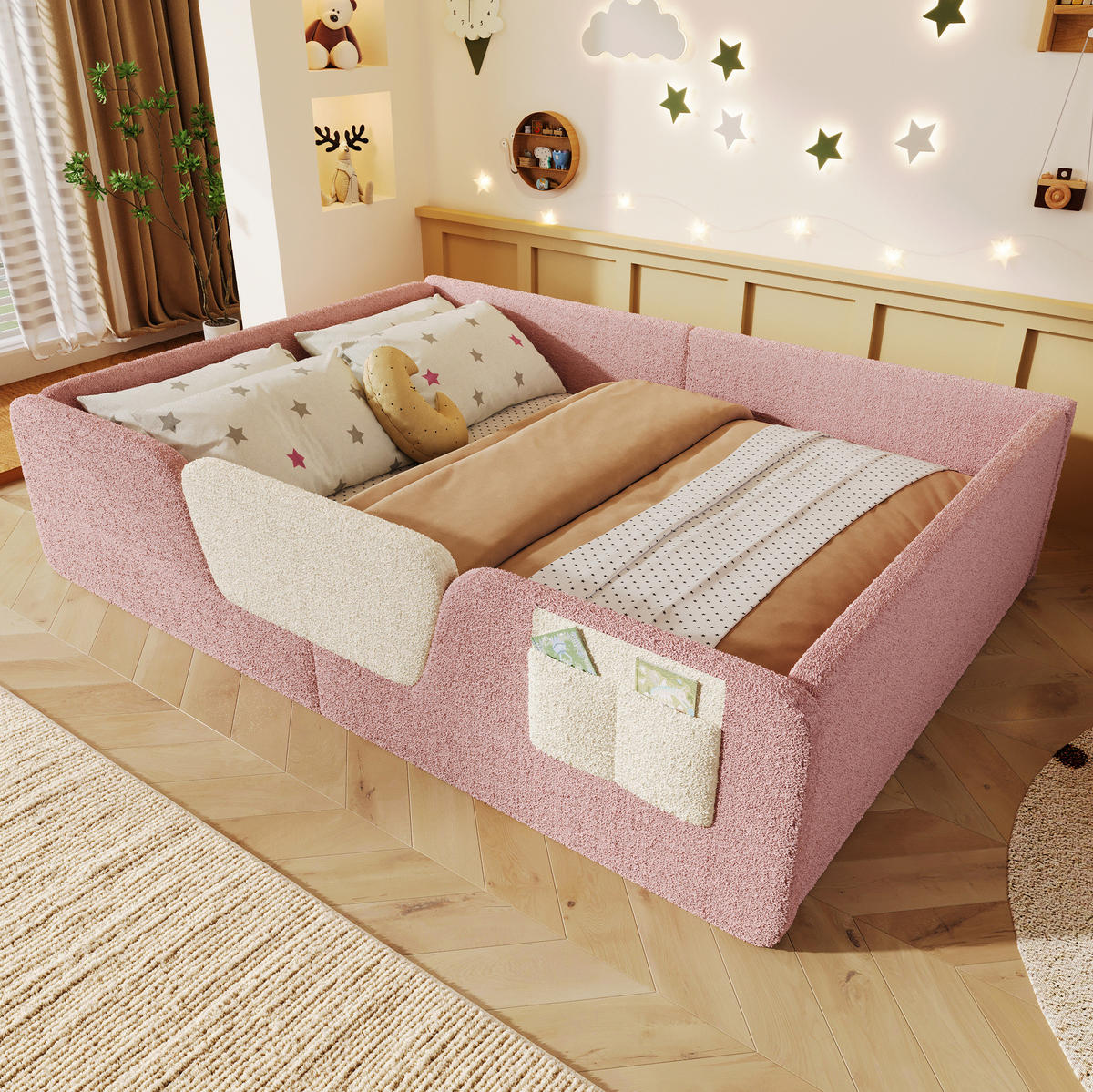 POLSTERBETT aus Samt 140x190 cm Rosa mit abnehmbaren Seitengittern und Stofftasche - Rosa, Textil (140/190cm) - Modfu