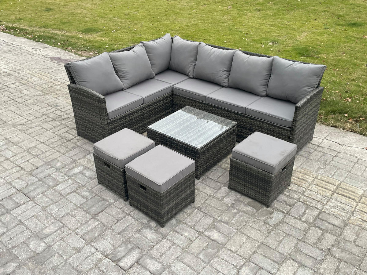 GARTENGARNITUR mit Ecksof,Couchtisch,3 Fußhocker Polyrattan Dunkelgrau 9-Sitzer - Dunkelgrau/Grau, Glas/Kunststoff - Fimous