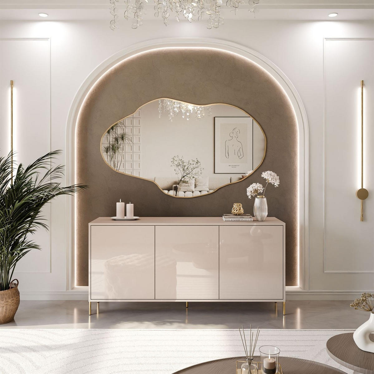 KOMMODE SANAYI Kaschmir Hochglanz – gerade goldene Beine - Kaschmir/Goldfarben, Holzwerkstoff (154/78/40cm) - Lookway