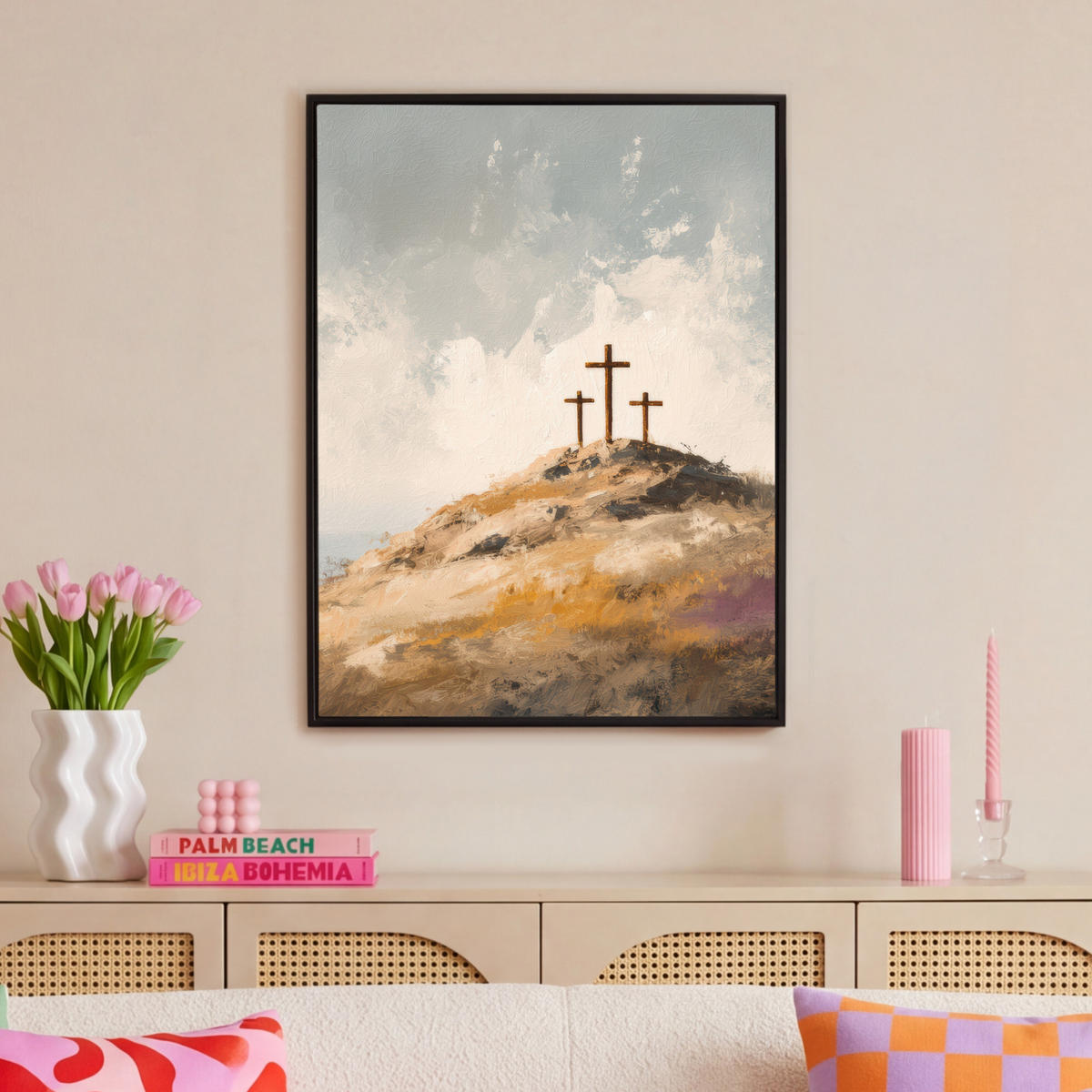 LEINWAND Bilder mit Rahmen - Hügel - Abstrakt - Christentum - Kreuz - 70x100 - Hellgrau, Textil (70/100cm) - MuchoWow