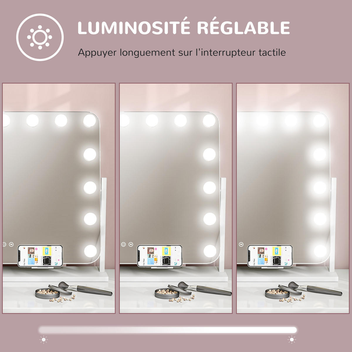 SCHMINKSPIEGEL DE-18028 dimmbar, 3 Lichtmodi, USB 63/50 cm - Weiß, Glas (14/62.5/49.5cm) - ComfortXL