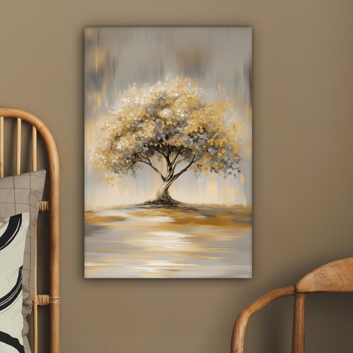 LEINWANDBILD Gemälde - Baum - Abstrakt - Blätter Wanddeko Schlafzimmer 60x90 cm - Beige, Textil (60/90cm) - MuchoWow