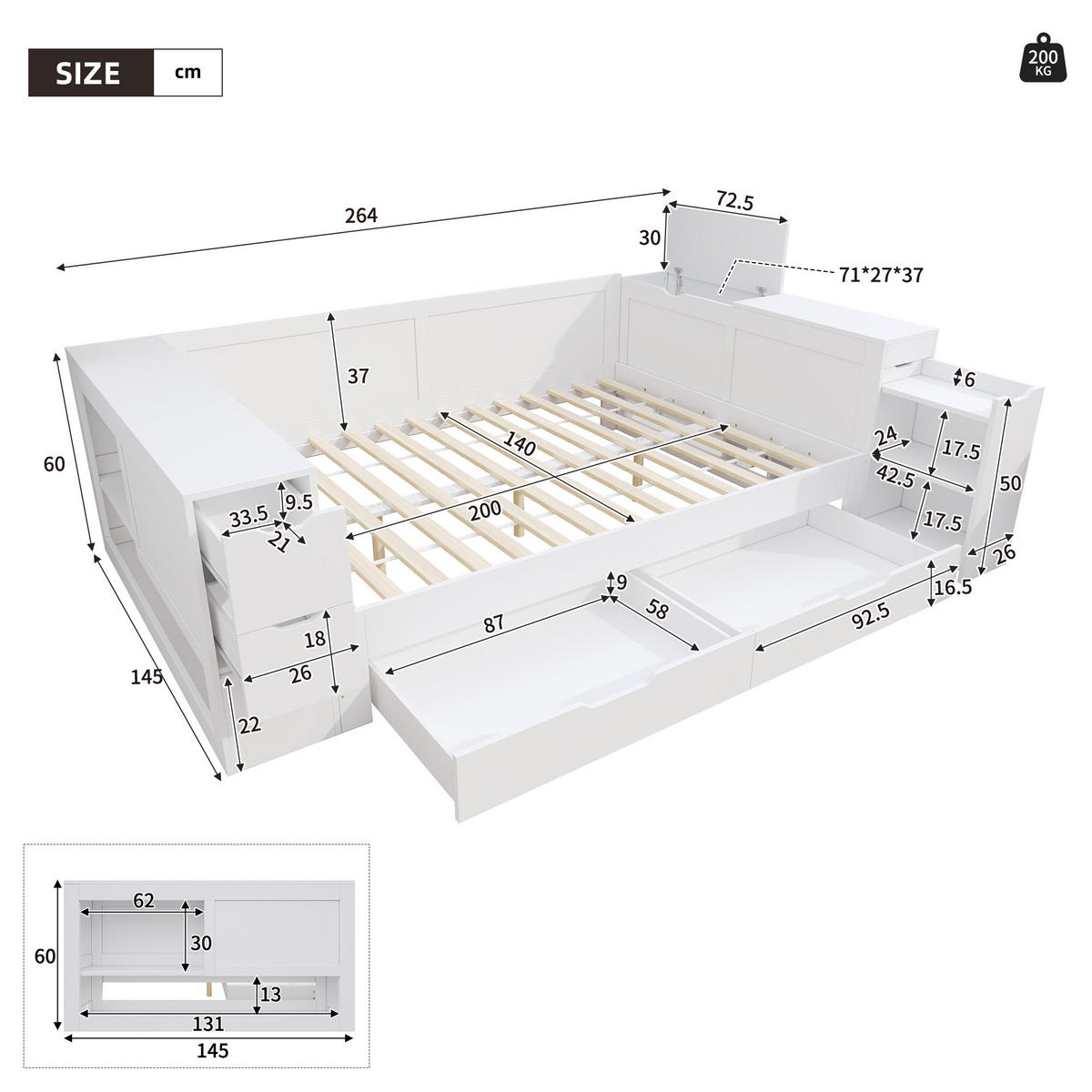 HOLZBETT 140x200 Kinderbett Daybed Stauraum Weiß - Weiß, Holzwerkstoff - FLIEKS