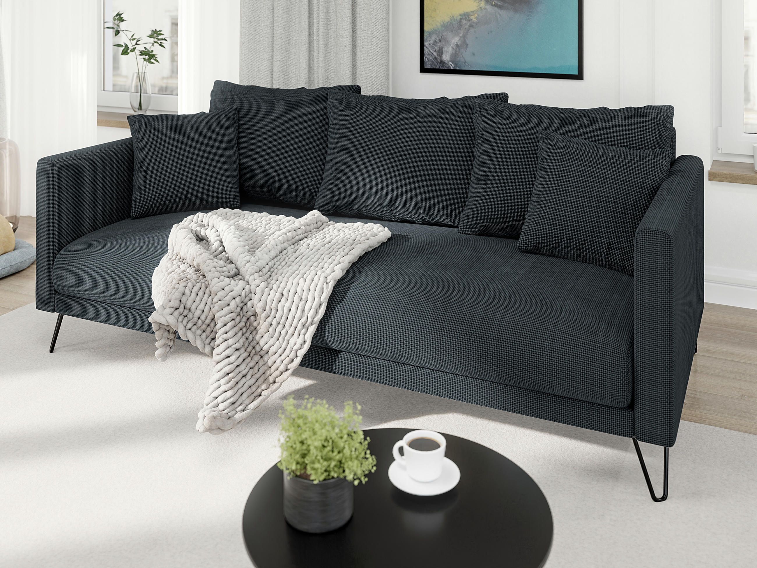 3-SITZER-SOFA Harmony Graphit Chenille - Graphitfarben/Schwarz, Textil/Metall (200/85/100cm) - S-Style Möbel
