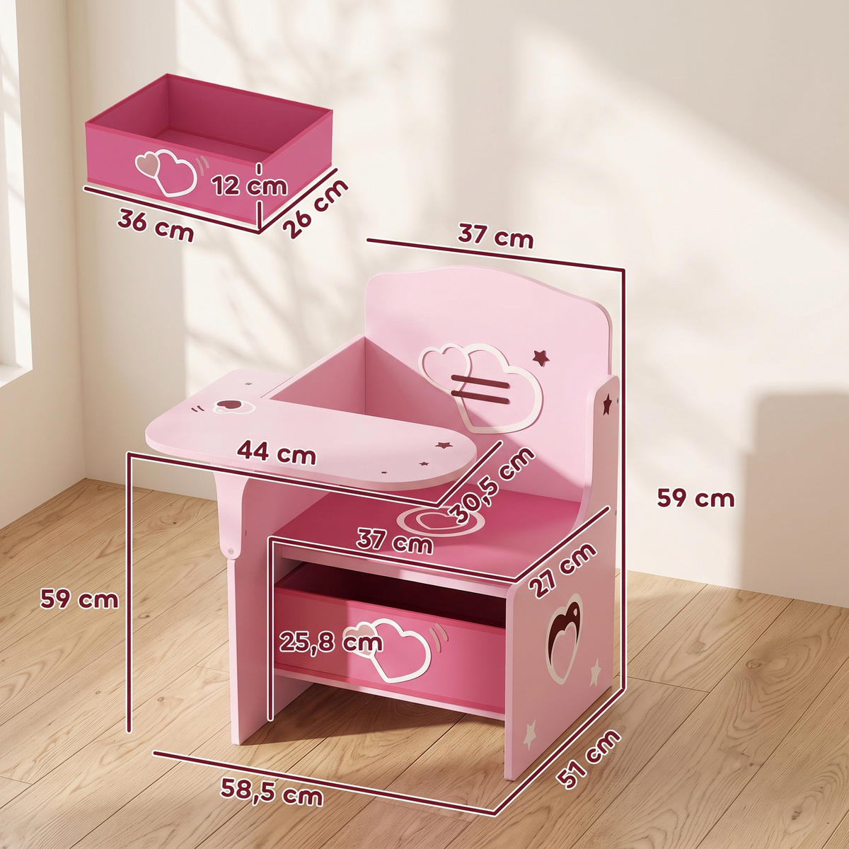 KINDERTISCH-MIT-STUHL MDF Vliesstoff Rosa - Rosa, Holzwerkstoff/Textil (51/59/58.5cm) - AIYAPLAY