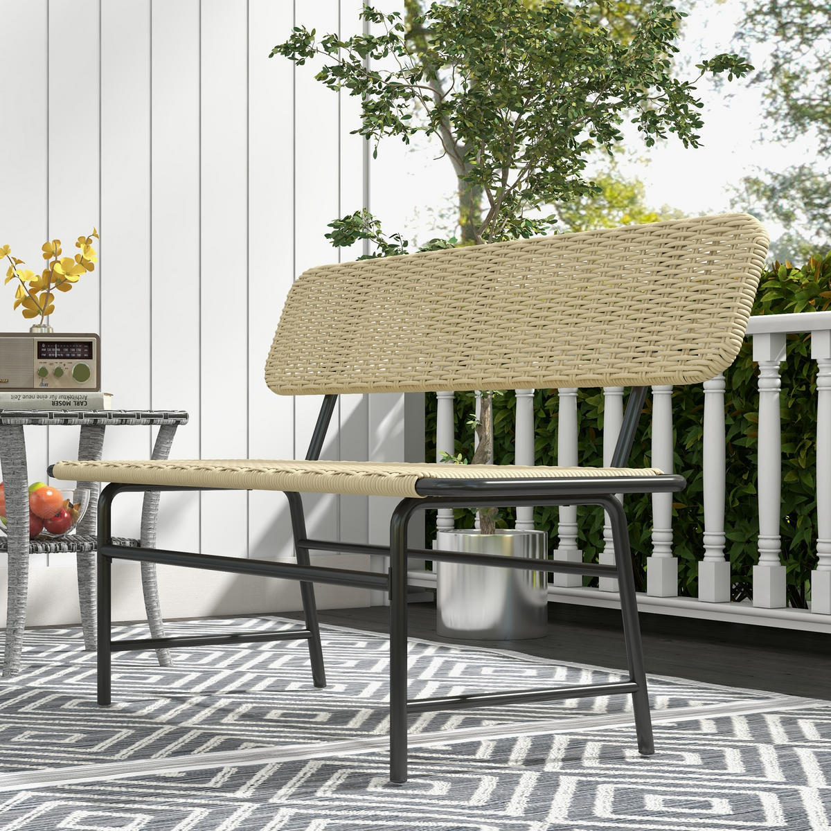 POLYRATTAN Sitzbank bis 250 kg belastbar, für Balkon, Terrasse, Metall, Khaki - Braun, Kunststoff (66/80/132cm) - Outsunny