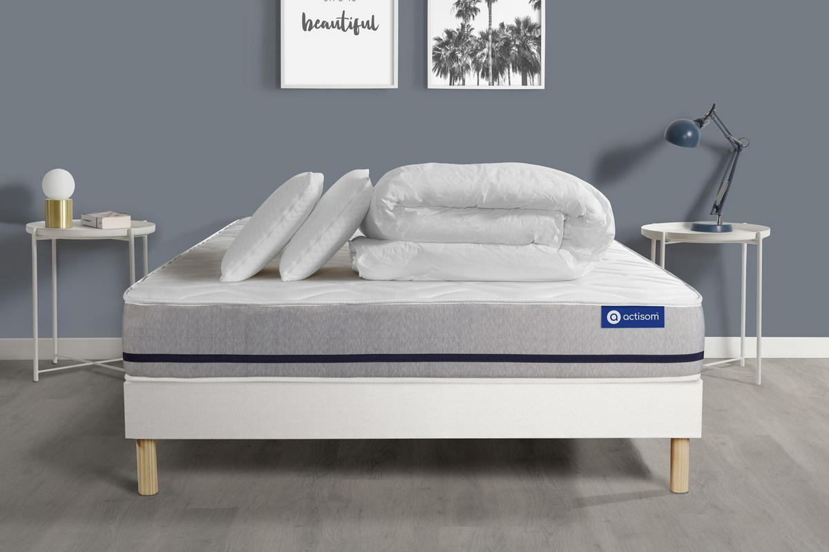 BETT Actiflex soft Taschenfederkern 140 x 190 cm h2 - Kit Bettgestell Weiß - Mit Kissen und Bettdecke - Beige/Weiß, Holz/Textil (140/190cm) - ACTISOM