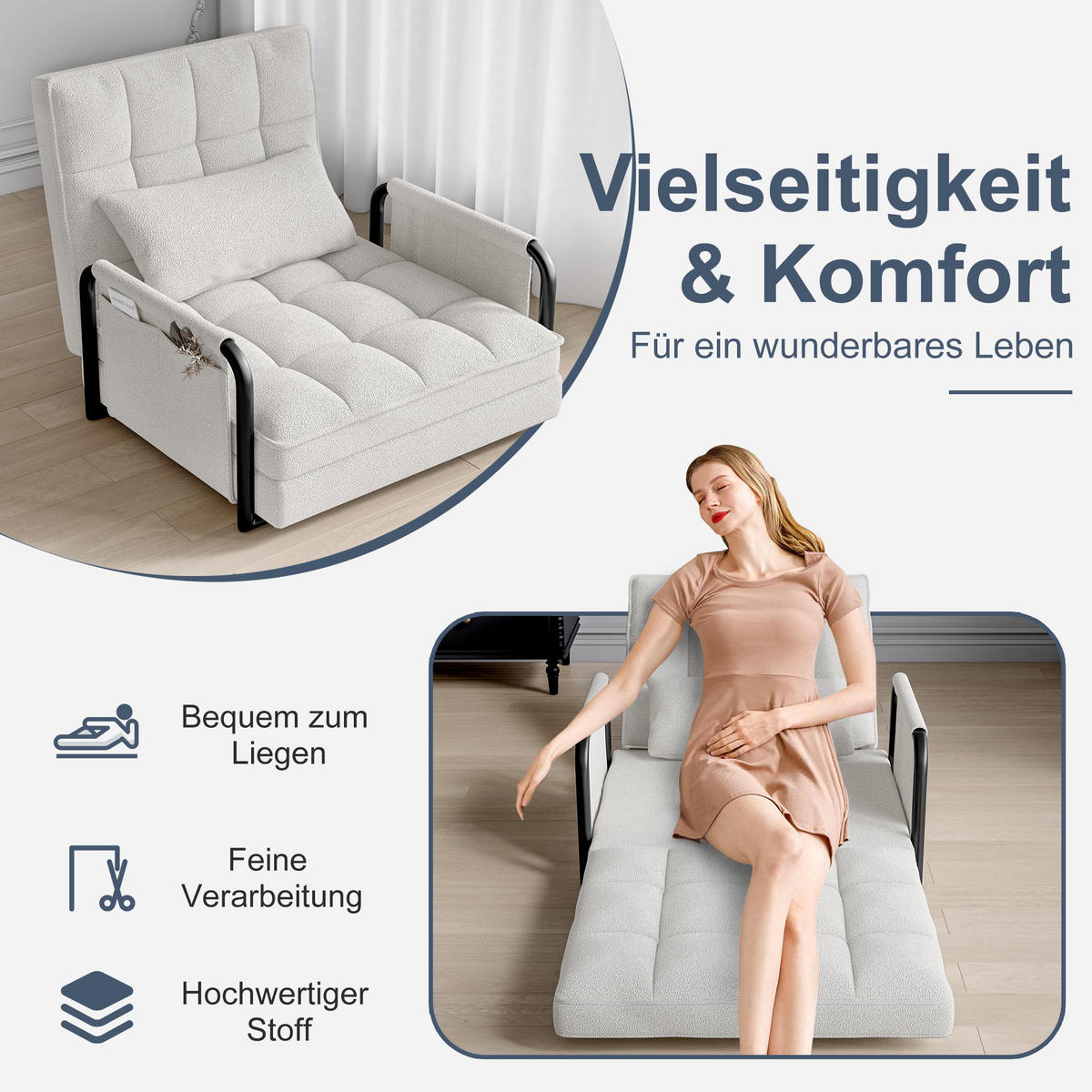 SCHLAFSOFA 5-fach verstellbar, Multifunktional, Beige Bouclé-Stoff - Beige, Holz (78/55/180cm)