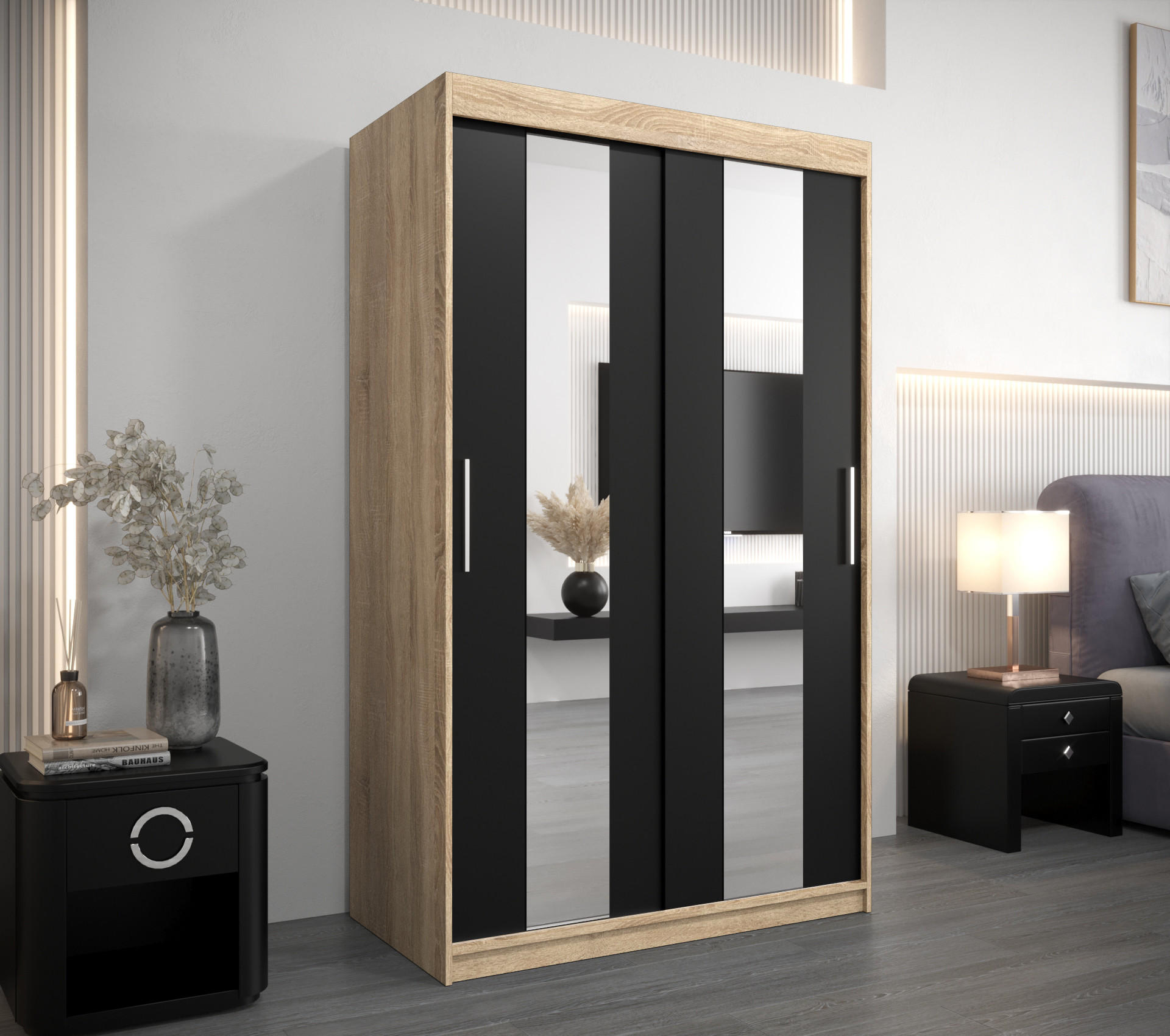 SCHWEBETÜRENSCHRANK 200/120/62 2-türig - Silberfarben/Schwarz, Holz/Kunststoff (120/200/62cm) - Abiks Möbel