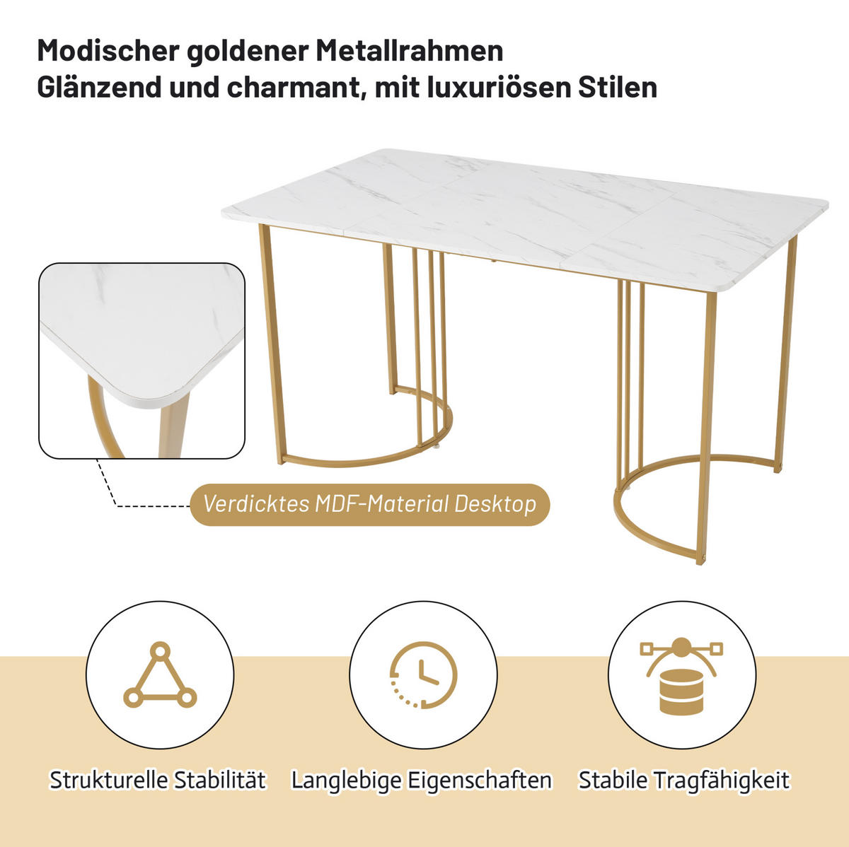 ESSTISCH 140x80x75 cm aus MDF mit Marmormuster auf geometrischem Metallgestell - Weiß, Holzwerkstoff (140/80/75cm) - Modfu