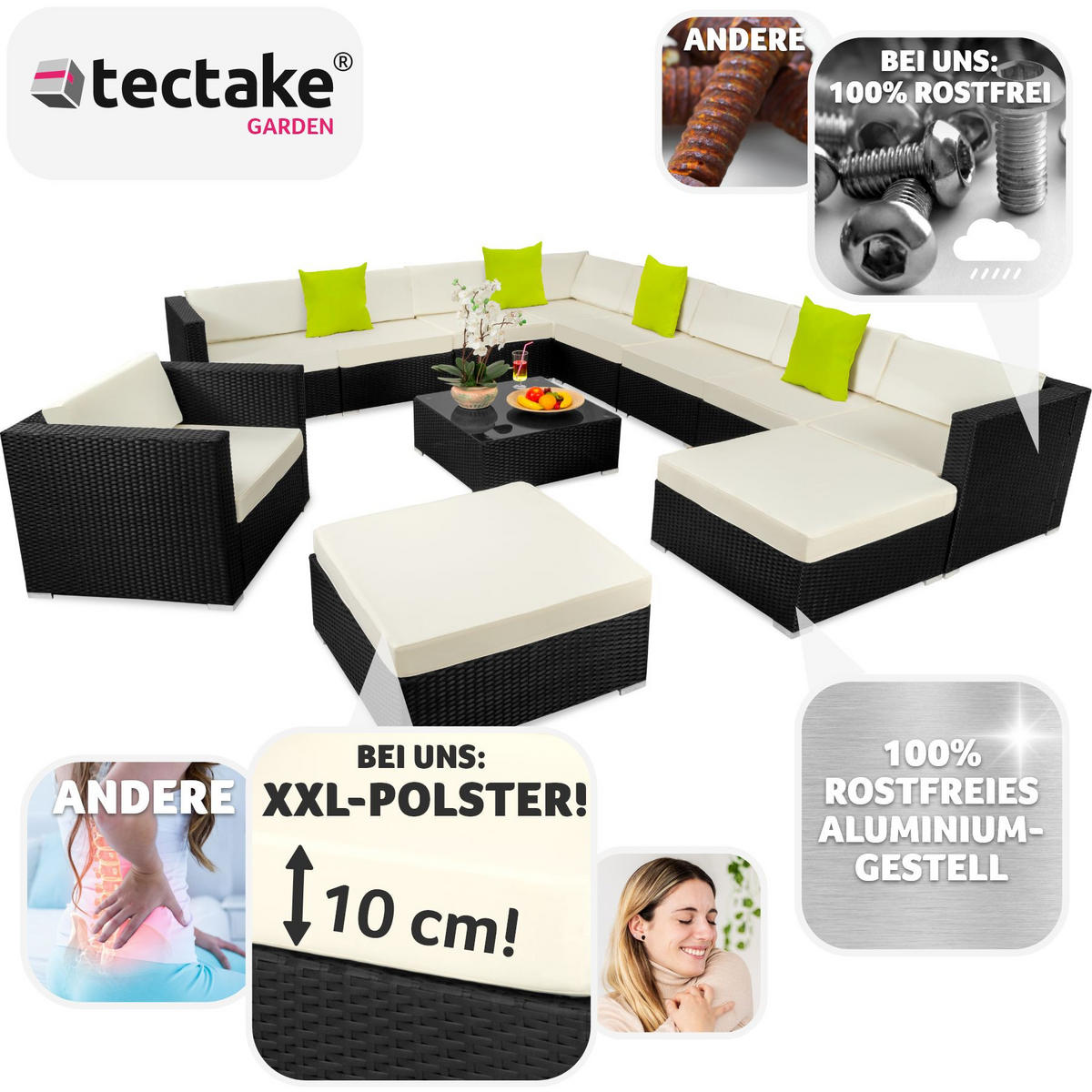 RATTANLOUNGE Las Vegas,mit Sicherheitsglasplatte,schwarz - Schwarz, Kunststoff - tectake