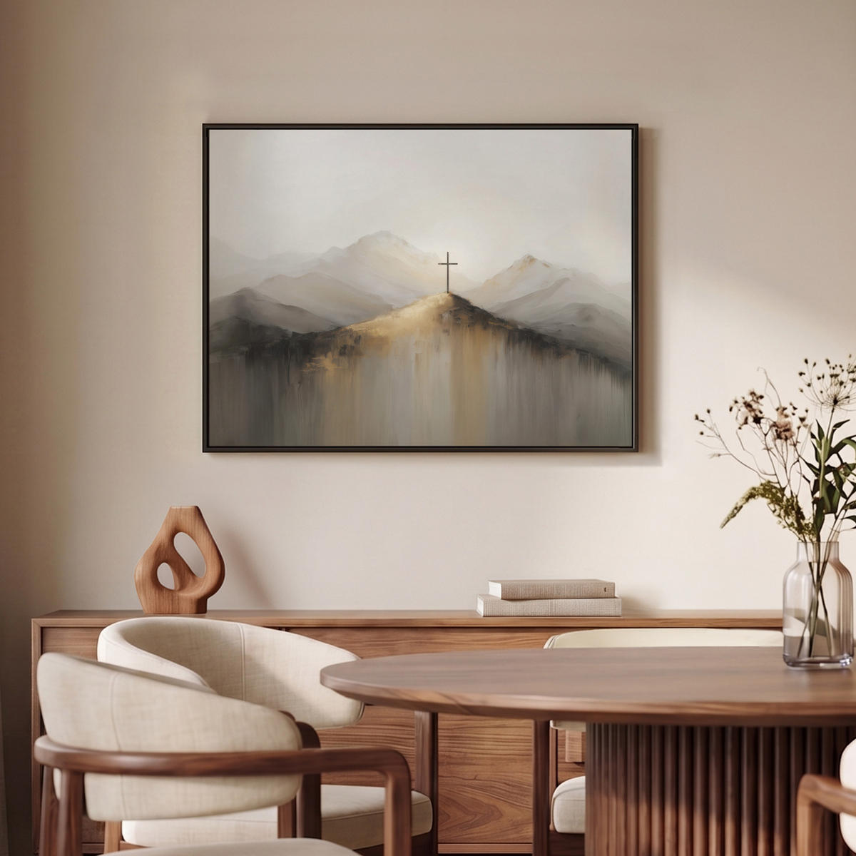 LEINWAND Bilder mit Rahmen - Hügel - Abstrakt - Kreuz - Christentum - 70x50 - Beige, Textil (70/50cm) - MuchoWow
