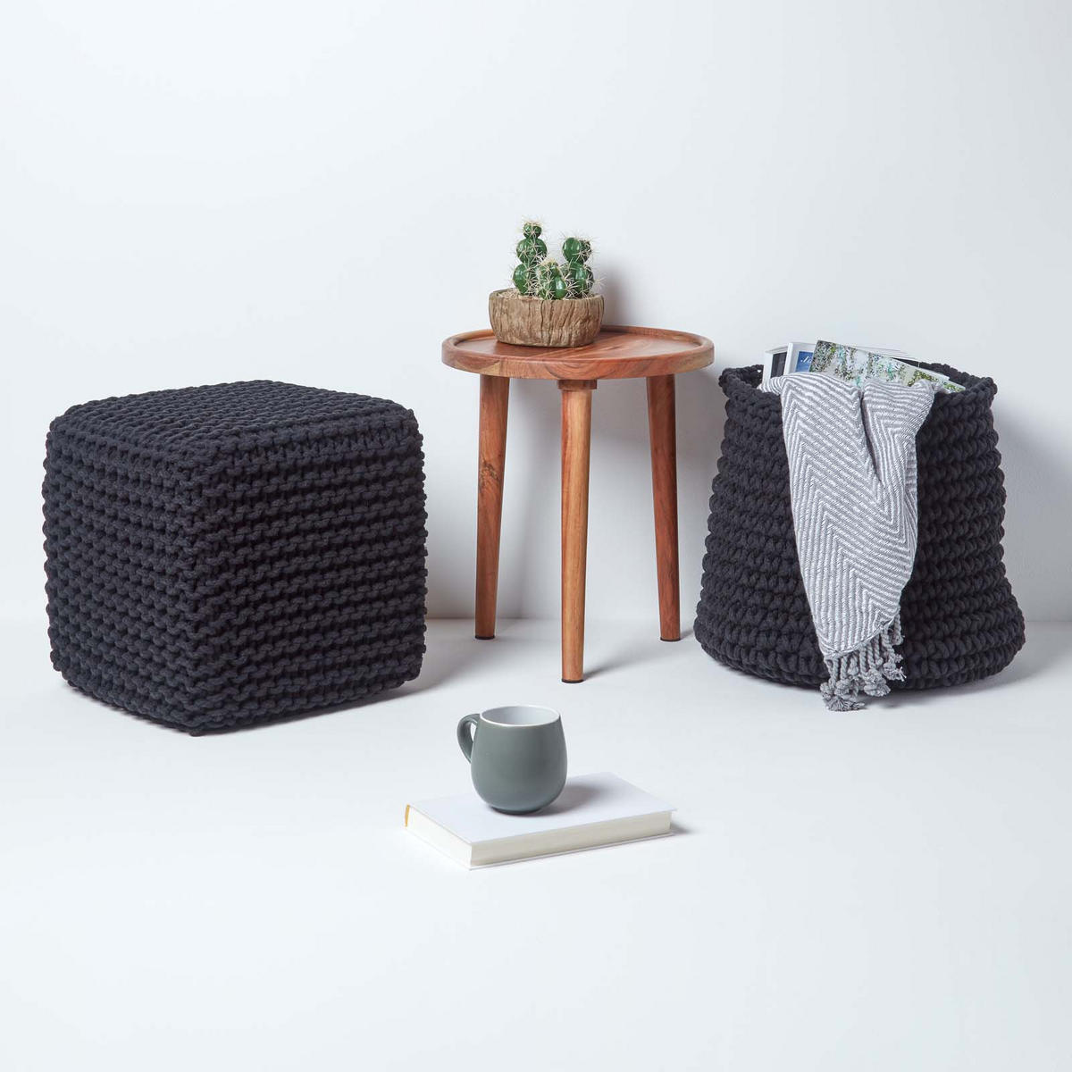 STRICK-POUF schwarz, Sitzwürfel 35/35/35 cm - Schwarz, Textil (35/35/35cm) - Homescapes