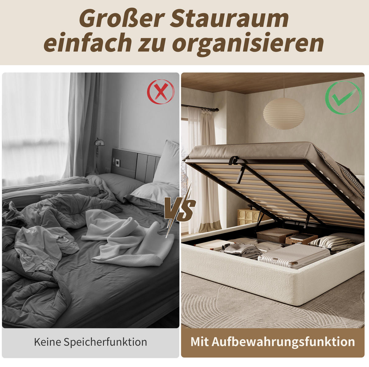 POLSTERBETT 180/200 cm aus Bouclé mit hydraulischem Stauraum Beige - Beige, Textil (180/200cm) - Modenvie