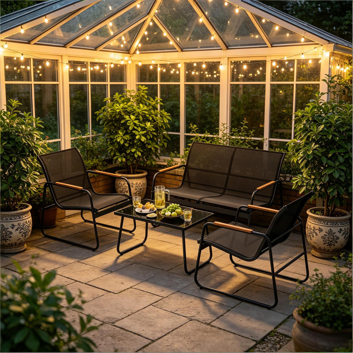 GARTENMÖBEL-SET Schwarz 4-teilig mit Glastisch & Armlehnen in Holzoptik - Schwarz, Metall - PANGIVO