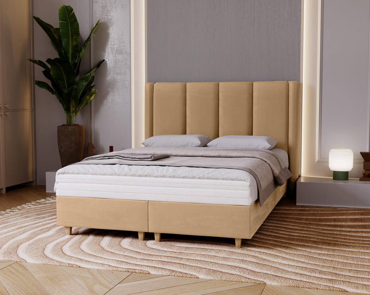 POLSTERBETT Bella, 180x200, Creme, Velourstoff, Doppelbett mit Matratze - Creme, Holz/Kunststoff (180/200cm) - Marpur