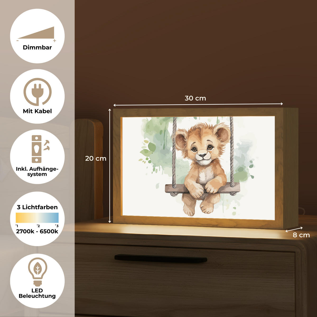 NACHTTISCHLAMPE Löwe - Tier - Kinder - Dschungel 30x20 cm - Weiß, Holzwerkstoff (8/30/20cm)