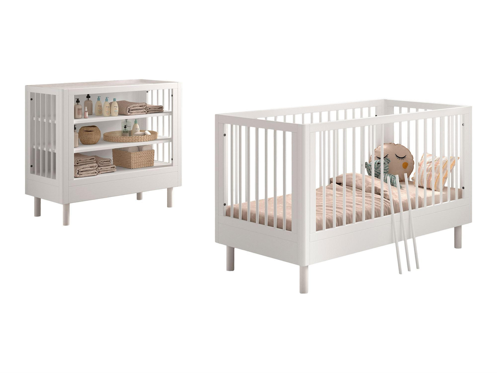 BABYBETT SET 70x140 Keeley Buche Weiß Holz Regal Komfort Stabil - Weiß, Holz (74/88/144cm) - 58aufmkessel