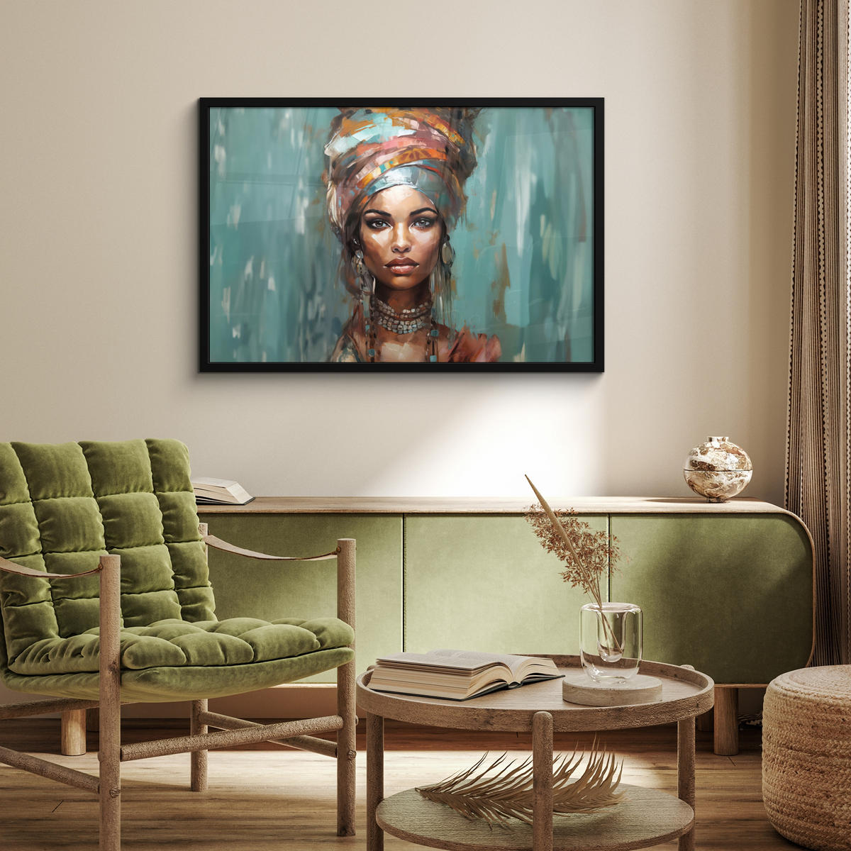 ZARÁMOVANÝ PLAGÁT Žena - Umenie - Šperky - Portrét 90x60 cm - modrosivá, papier (90/60cm) - MuchoWow