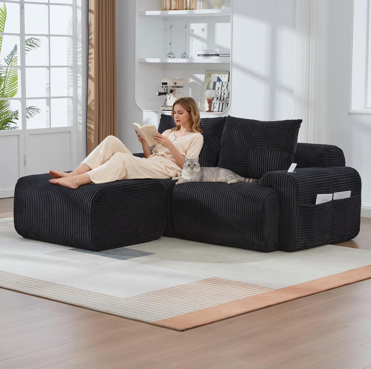 SOFA 200/174/80 cm in Schwarz aus Cord mit Cupholder und Aufbewahrungstasche - Schwarz, Textil (174/80/200cm) - Flora Grace