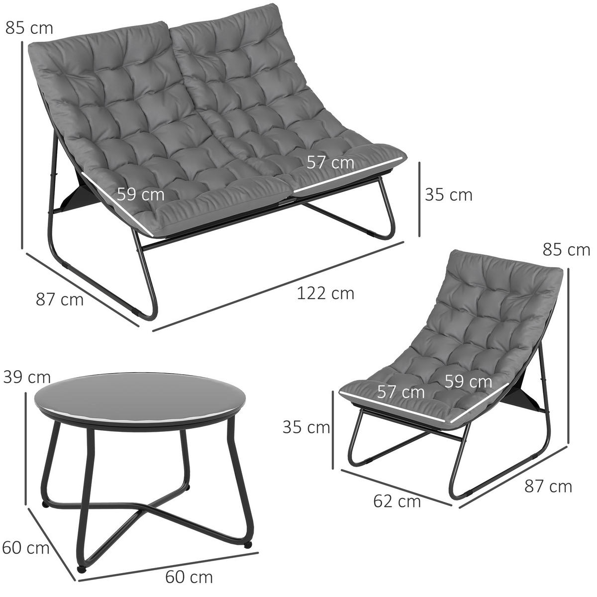 4-SITZER GARTENMÖBEL-SET DE-06540 2 Stühle, 1 Doppel-Sofa, 1 Tisch, dicke Kissen Grau - Grau, Textil/Metall - ComfortXL