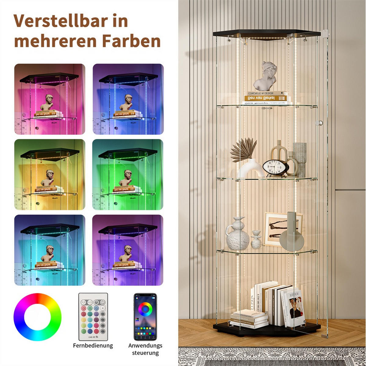 VITRINE mit RGB LED Beleuchtung - Eckvitrine mit 4 Ebenen und 1 Glastür - Glaskvitrine mit Schloss - Schwarz - Schwarz, Glas (60/162/42.5cm) - DELFA