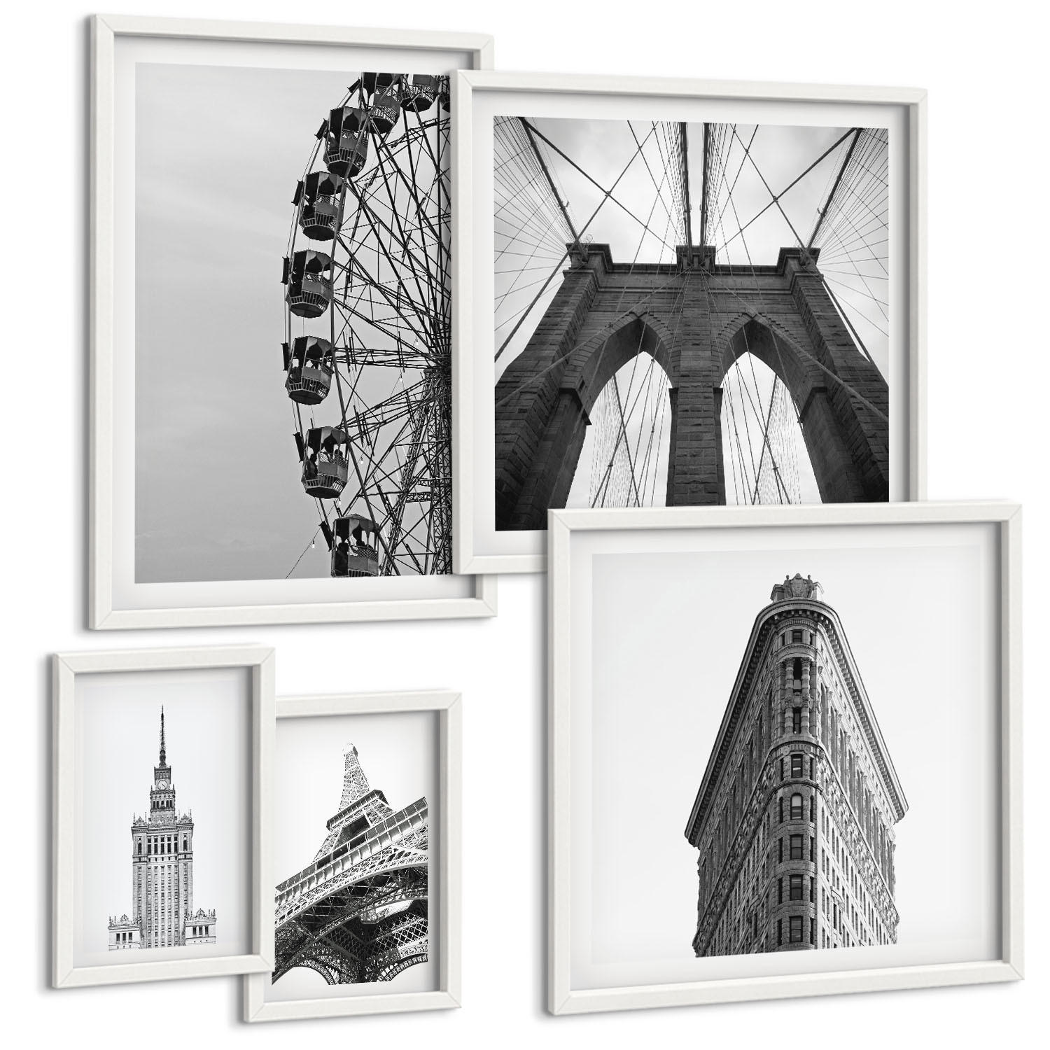 BILDER SET 5er Set - 50x50 cm & 20x30 cm & 40x60 cm Weißer Rahmen - Architektur Schwarz-Weiß-Minimalismus - Weiß, Kunststoff (40/60cm) - TULUP