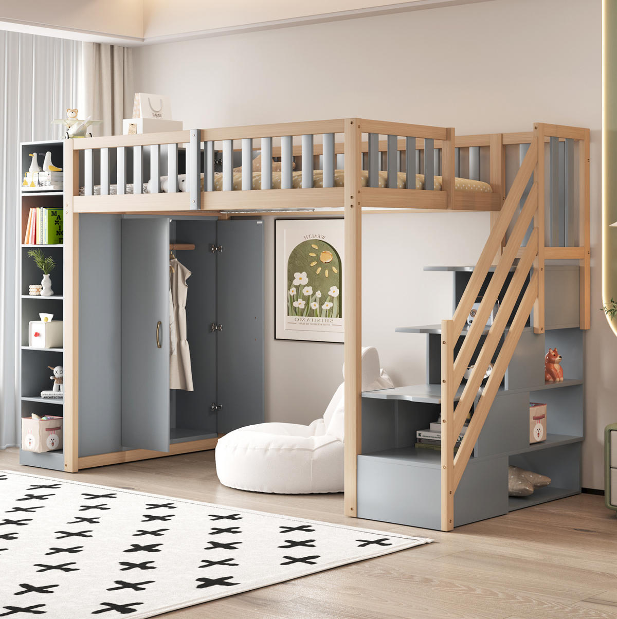 HOCHBETT 90/200 cm Grau mit Kleiderschrank und Stauraum - Grau, Holz (90/200cm) - MIVRAY