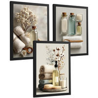 POSTER 3er-Set dekorative Badezimmer-Wandbilder und für Waschbecken, Dusche, WC mit Flaschen, Badesalz und Handtüchern, Naturstil Schwarzer Rahmen A3 - Schwarz, Papier (42/29.7/3cm) - Nacnic