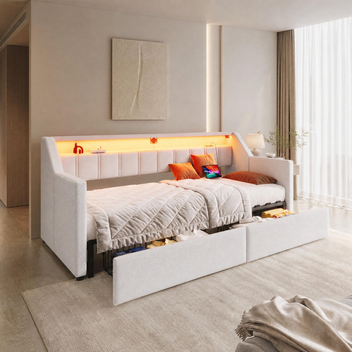 JUGENDBETT 90/200 mit Ausziehfunktion, LED und Stauraum mit 2 Schubladen und 2 Stofftaschen in Beige - Beige, Holzwerkstoff/Textil (90/200cm) - EVRYAE
