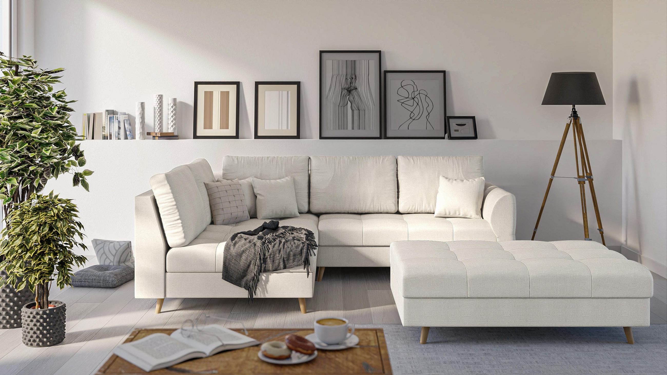 ECKSOFA MIT HOCKER Lorine Mikrofaser Ecru - Ecru/Hellbraun, Buchenholz/Textil (231/161cm) - S-Style Möbel