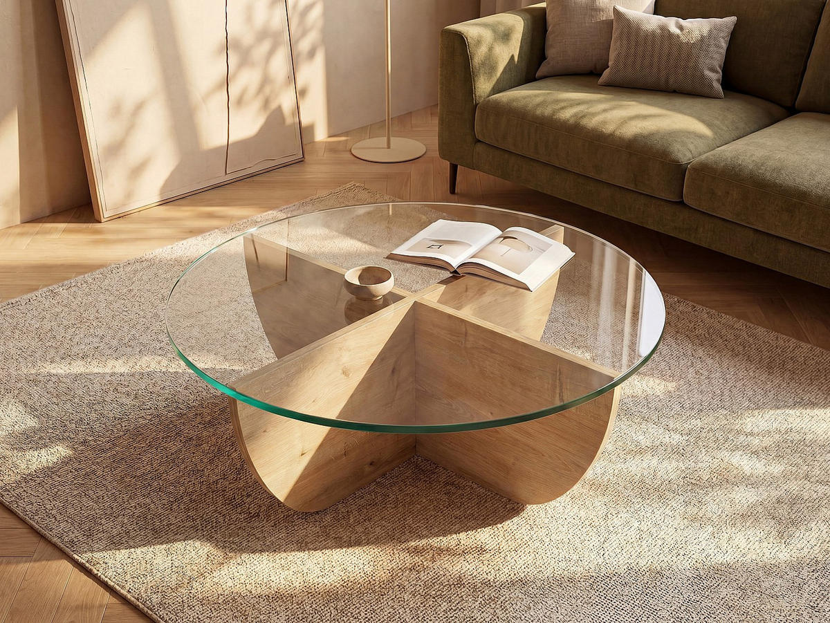 COUCHTISCH - 90 cm x 90 cm - Holz, Platte, Glas - Transparent, Naturfarben Hell AYSUN - Hellbraun, Glas/Holz (90/90/30cm) - Vente-Unique