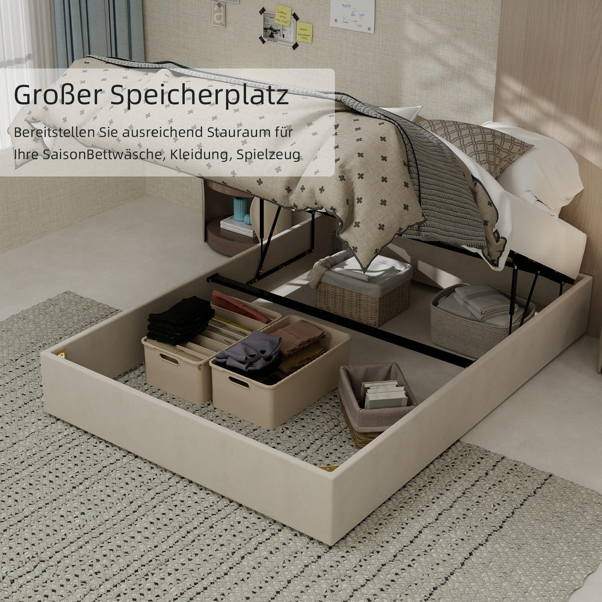 POLSTERBETT 140x200 cm Samt Stauraum hydraulisch beige - Beige, Textil (140/200cm) - Fortuna Lai