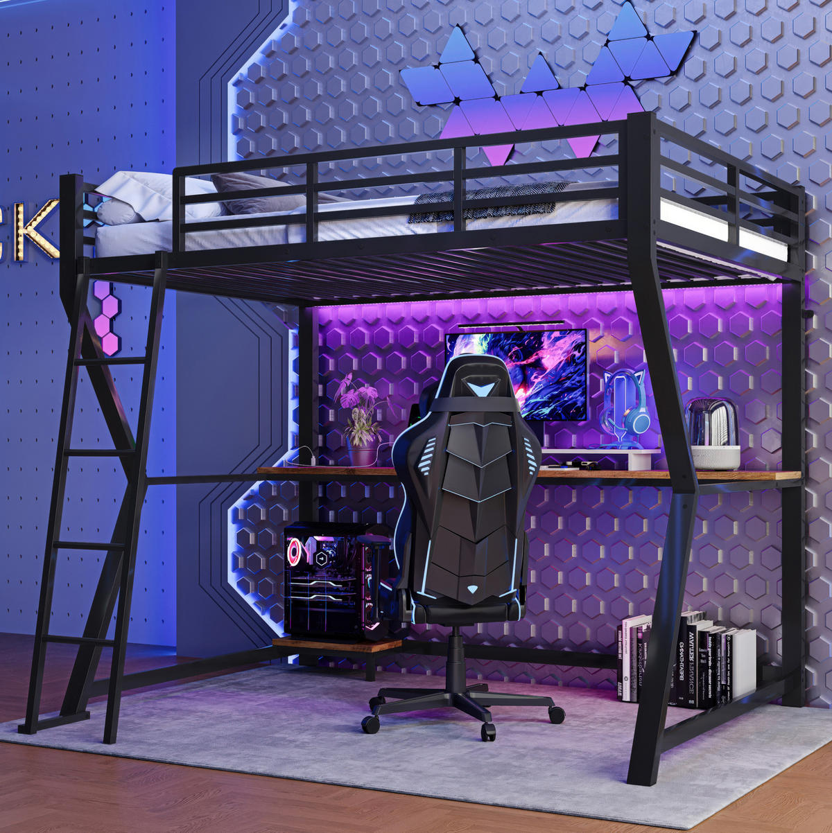 HOCHBETT 90/200 cm in Schwarz – mit Schreibtisch, Treppe und Rausfallschutz - Schwarz, Metall (90/200cm) - BEAOK