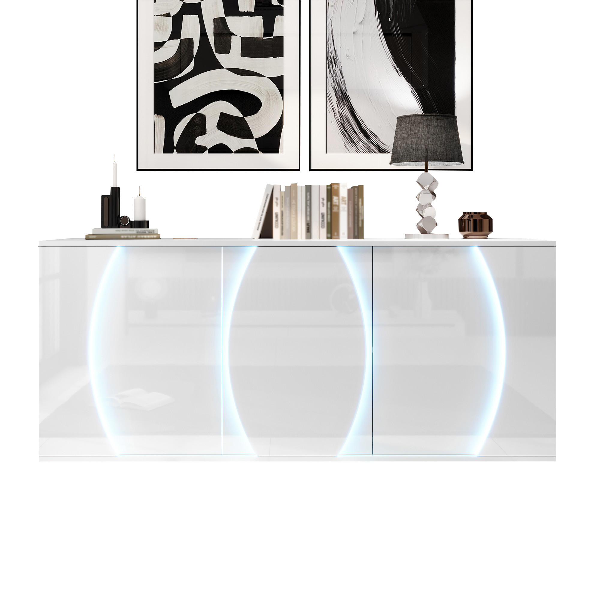 SIDEBOARD in Weiß Anrichte mit 3 Hochglanz-LED-Türen, Aufbewahrungsschrank aus Spanplatte, B150/T40/H70cm - Weiß, Holzwerkstoff/Metall (150/70/40cm) - STILVORA