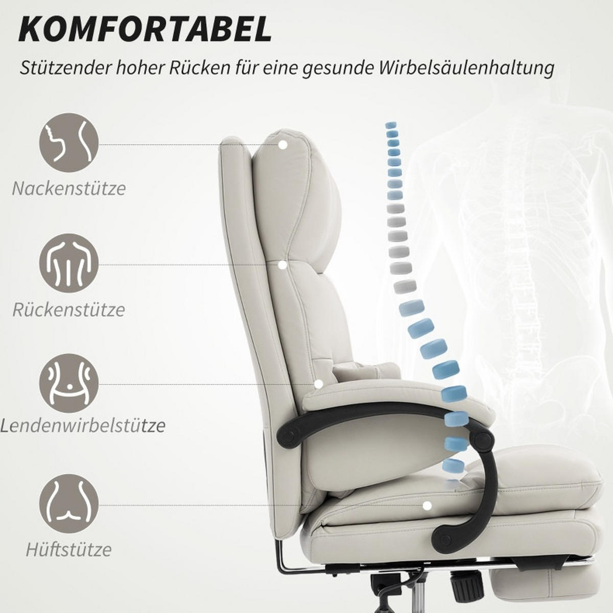 BÜROSTUHL höhenverstellbar mit Fußstütze Kunstleder Light Gray - Hellgrau, Kunststoff (60/121/66cm) - Meubliv