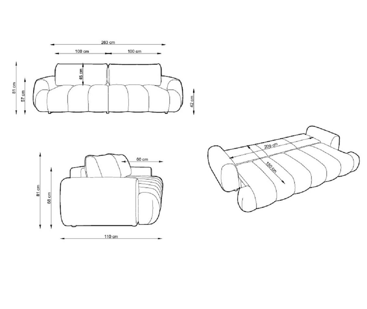 SOFA 260 cm mit Schlaffunktion Puro, Bettkasten, Modern Design, Creme - Creme, Holz (263/81/110cm) - Emporius