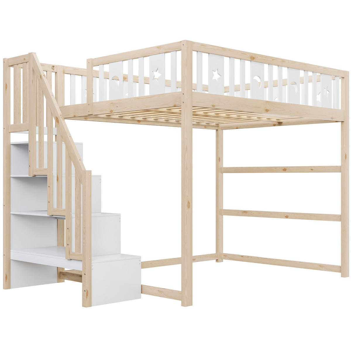 HOCHBETT 140/200 cm naturweiß aus Massivholz mit Treppe und Regalen - Naturfarben, Holzwerkstoff (140/200cm) - OKWISH