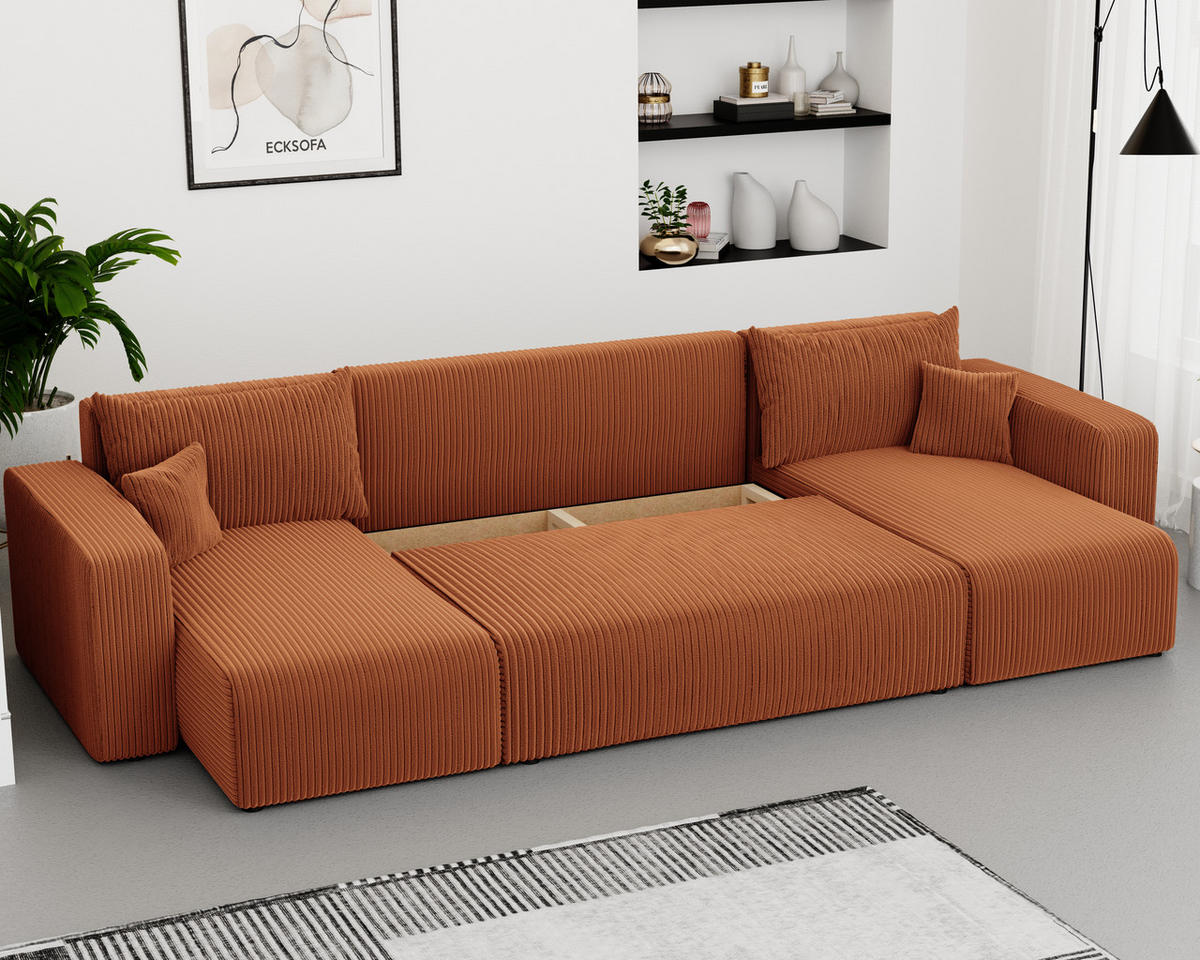 WOHNLANDSCHAFT mit Schlaffunktion und Bettkasten, Orange - Orange, Holzwerkstoff/Textil (318/79/145cm) - Idohome